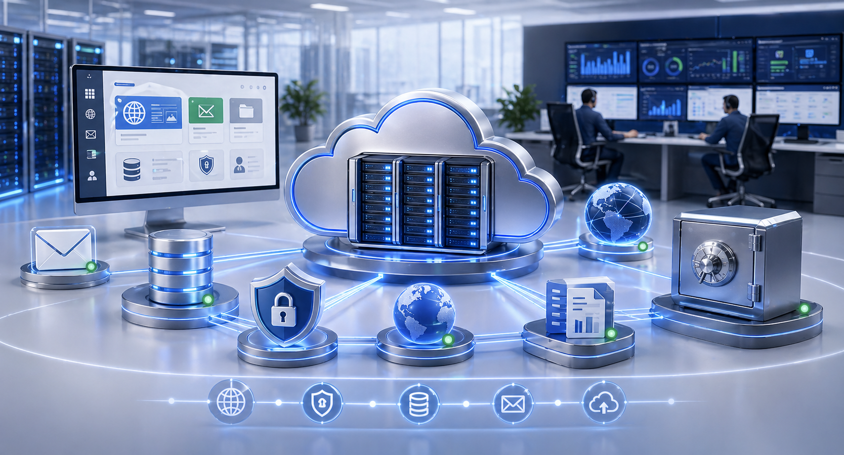 Business web hosting operations with email, SSL, databases, backup vault, and MSP monitoring