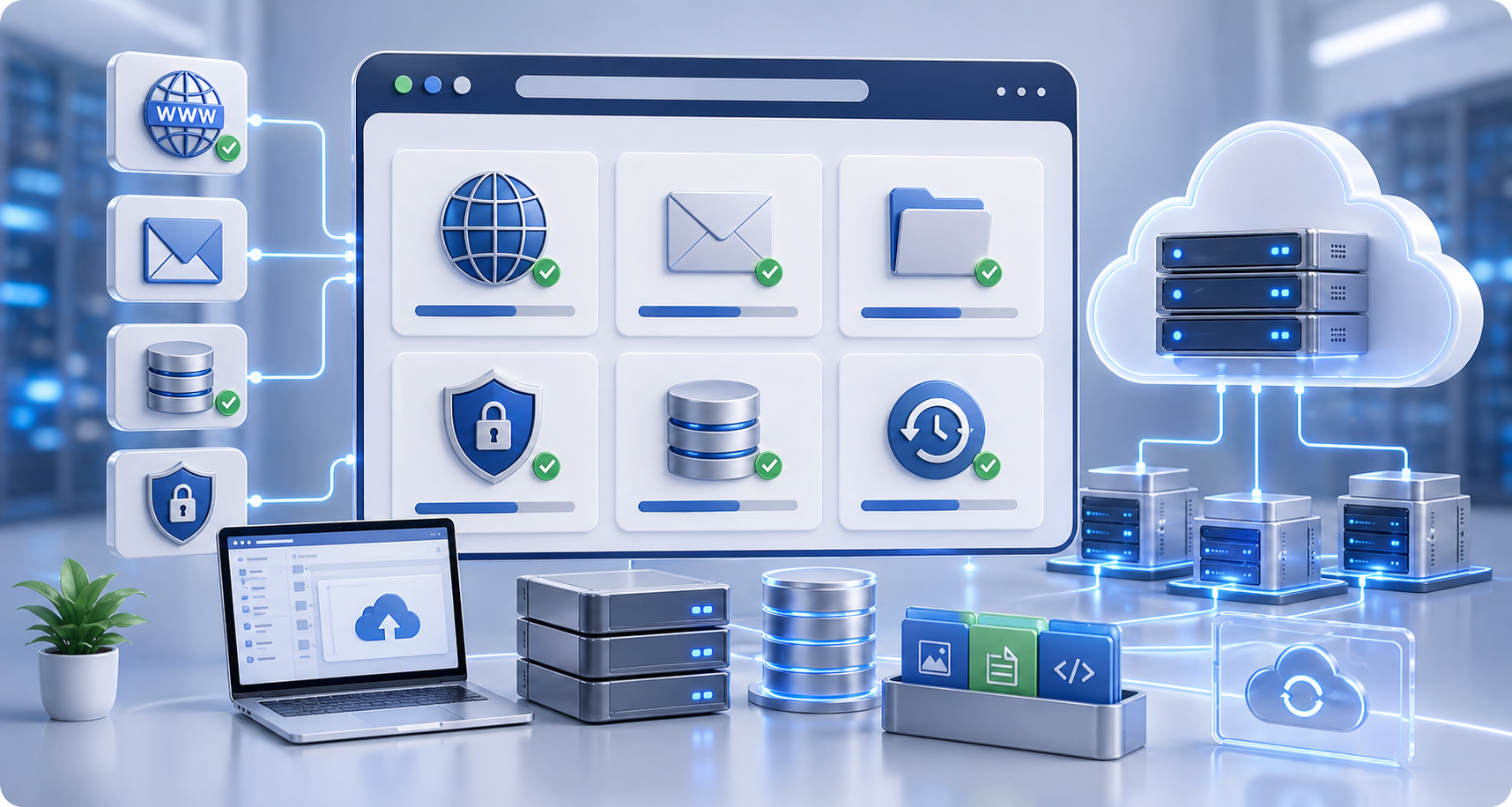 cPanel-style hosting controls for domains, email, files, databases, SSL, and backups
