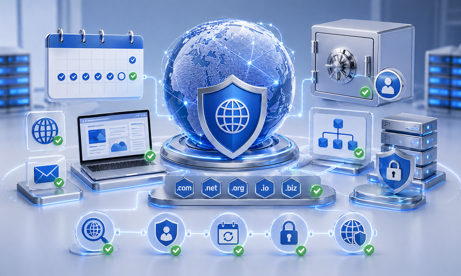 Domain renewal tracking, ownership safeguards, DNS continuity, and domain protection