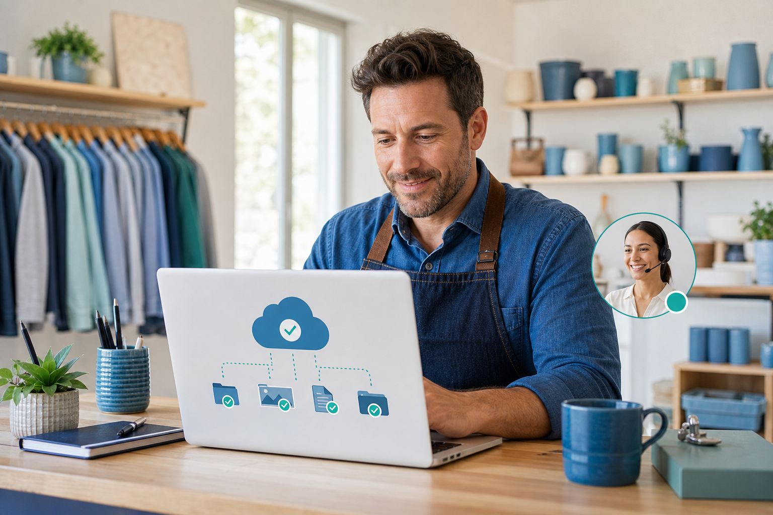 Small shop owner with managed cloud backup status and friendly support