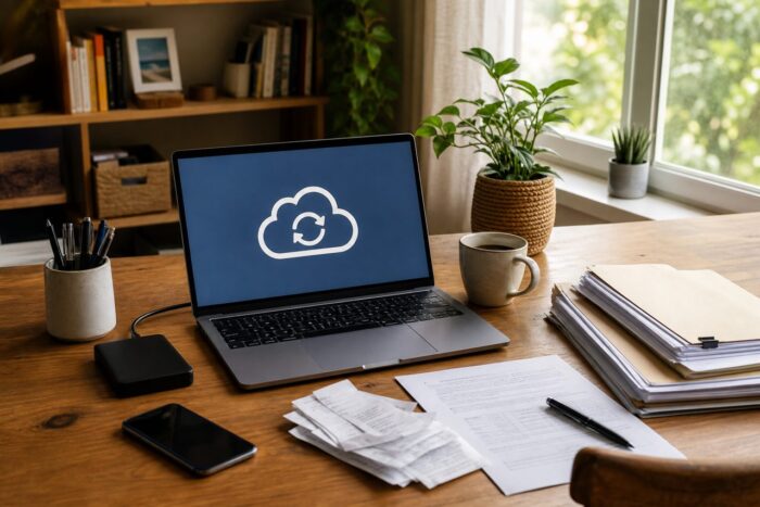 Home office desk with laptop, external drive, phone, receipts, and simple cloud backup