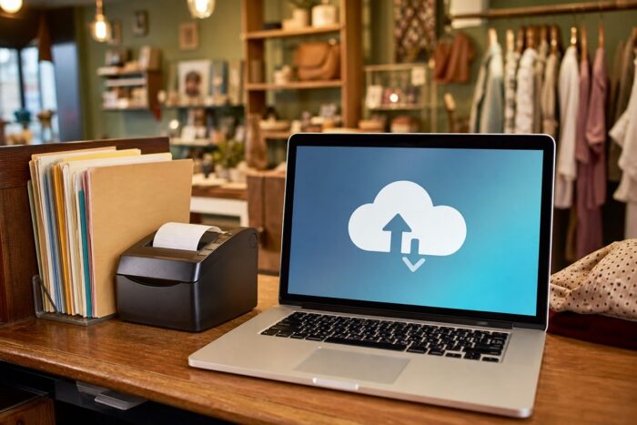 Small shop counter with a laptop and simple cloud backup setup