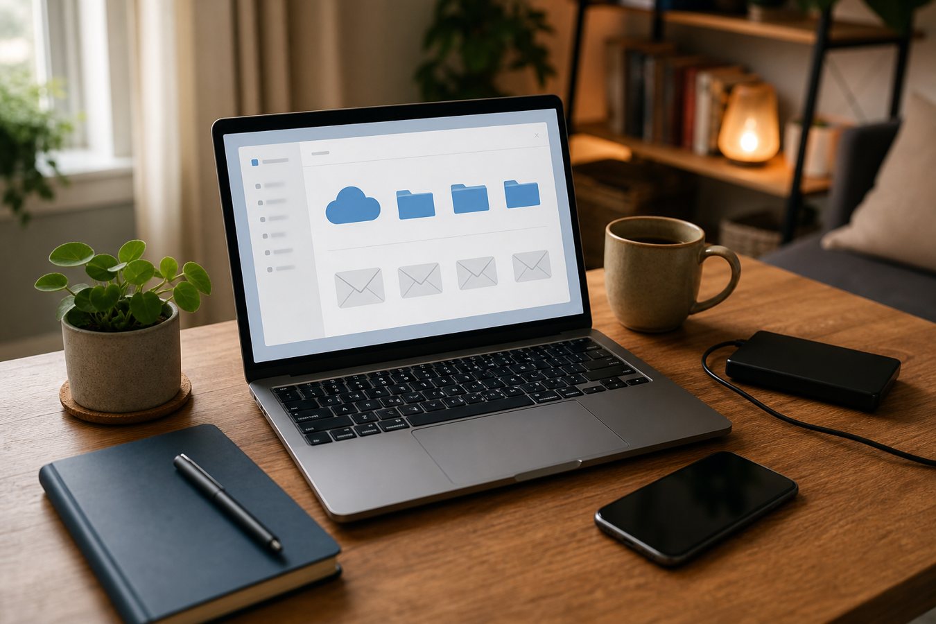 Home office desk with laptop, cloud folders, email, and backup drive for everyday work