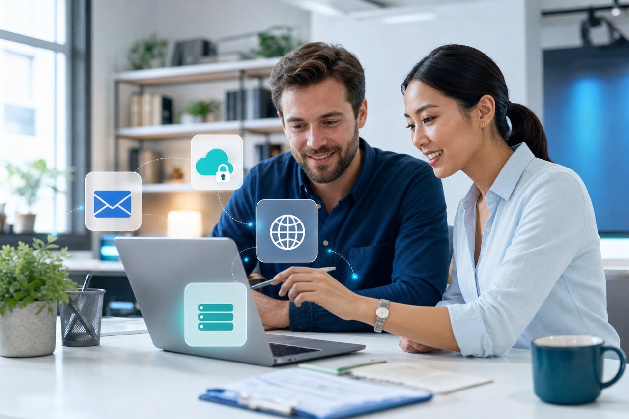 Small team using cloud email website and online services