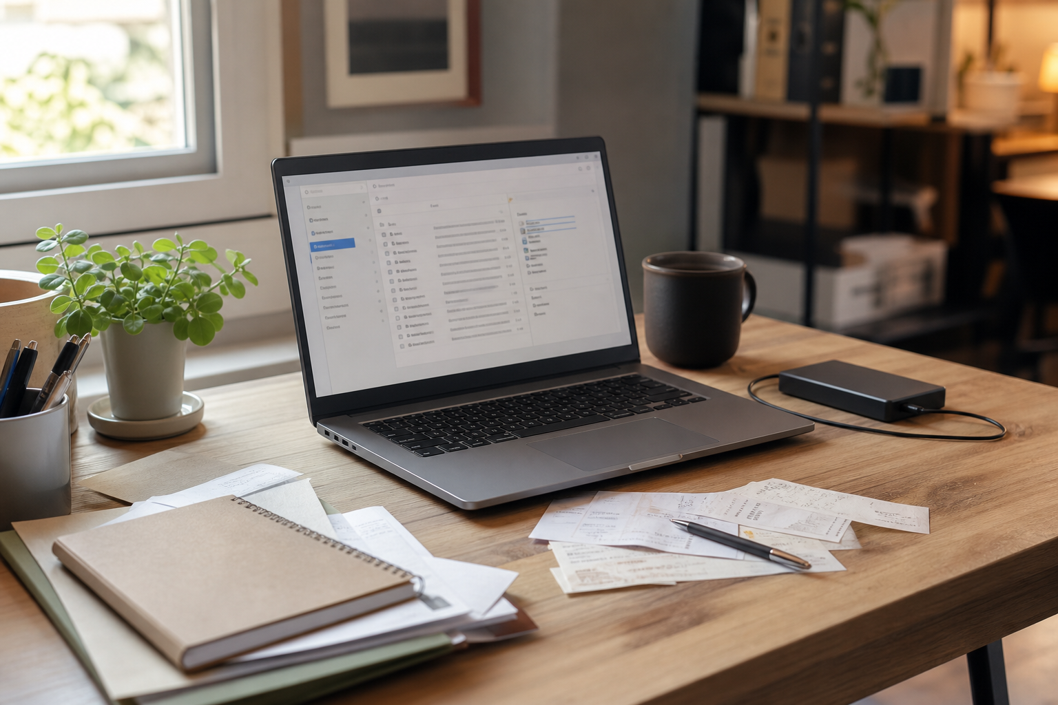 Home office laptop with email, shared folders, receipts, and backup drive