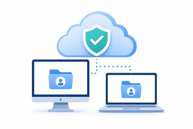 Simple icon showing desktop and laptop folders protected by backup