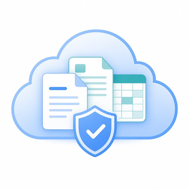 Simple icon showing documents and spreadsheets protected by backup