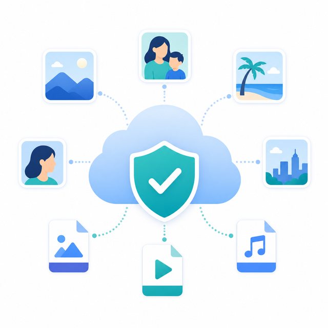 Simple icon showing photos and media files protected by backup