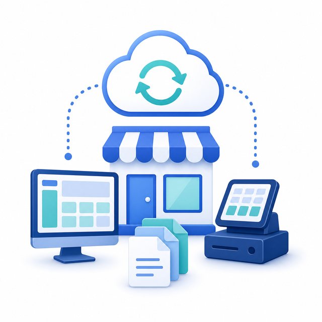 Simple icon showing shop computer files protected by backup