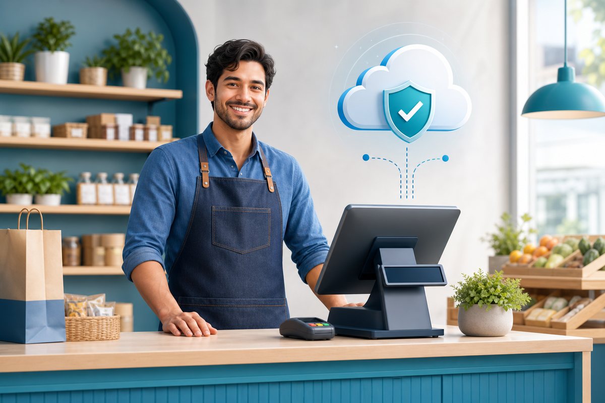 Retail shop owner with point of sale computer protected by managed backup