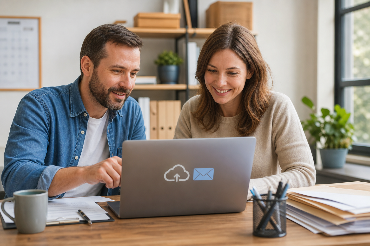 Small office team reviewing cloud email and backup files together