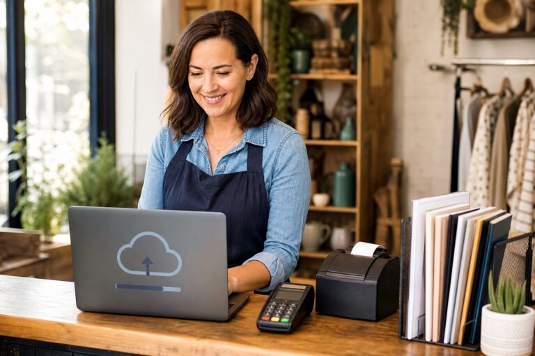 Small shop owner using a laptop with simple cloud backup at the counter