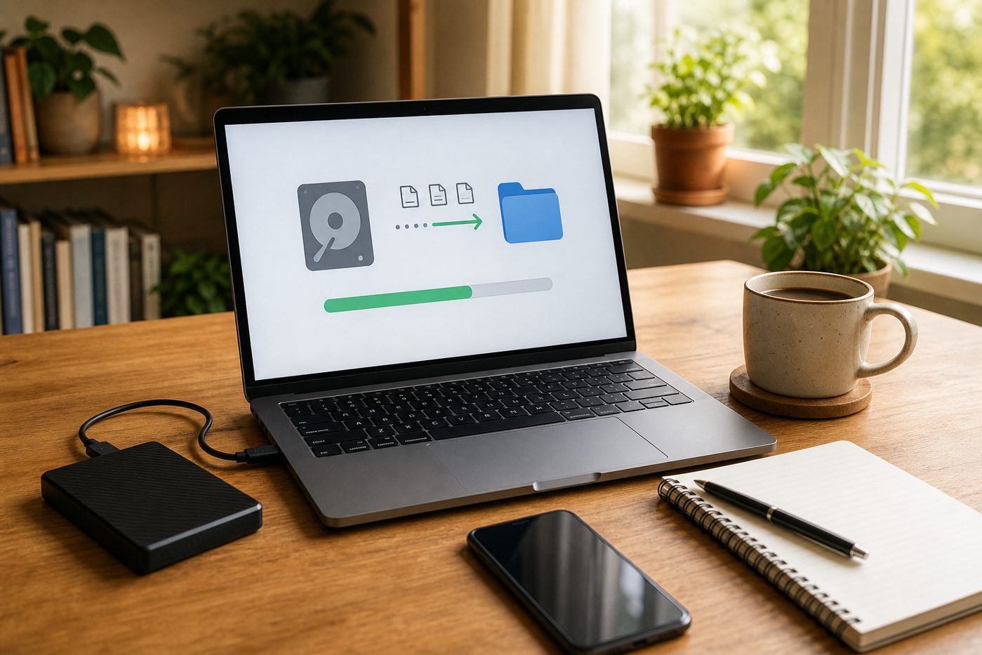 Home office laptop with simple backup and file recovery workspace