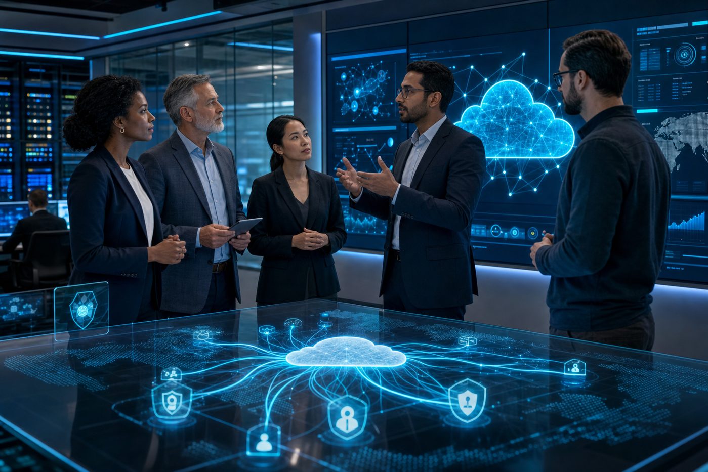 Enterprise AI data governance and cybersecurity dashboard in a modern operations center