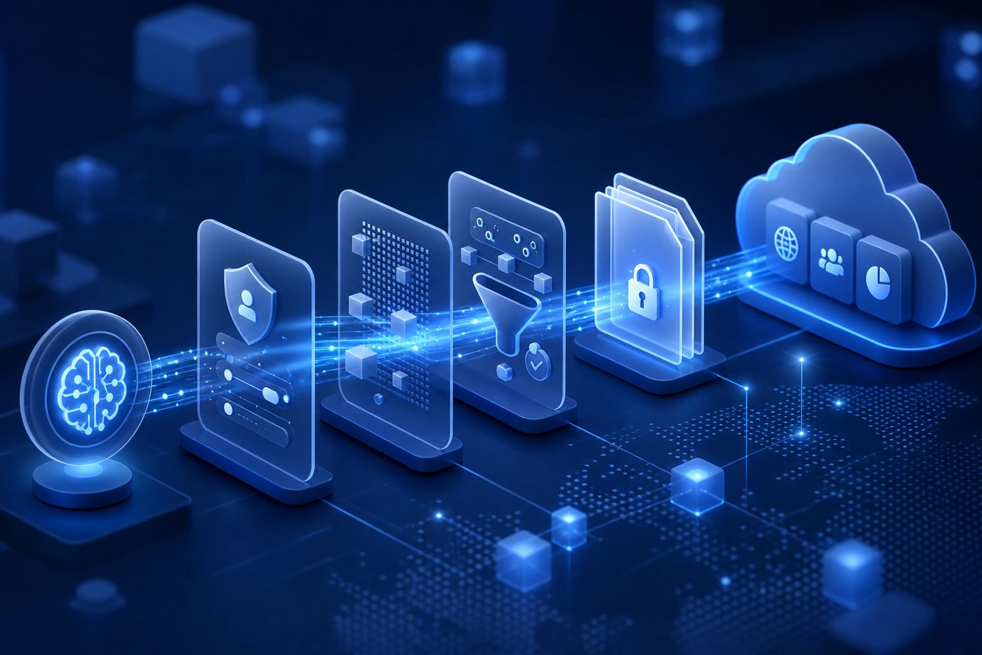 Abstract AI data flows passing through enterprise DLP and policy controls