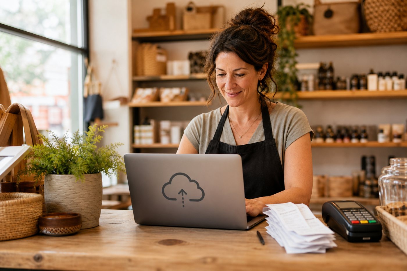 Small shop owner using a laptop at the counter with receipts and a simple cloud backup screen