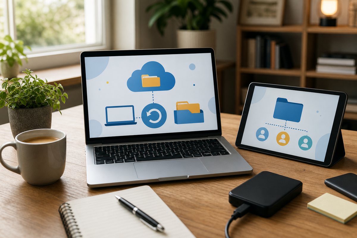 Home office desk with laptop and cloud file recovery tools