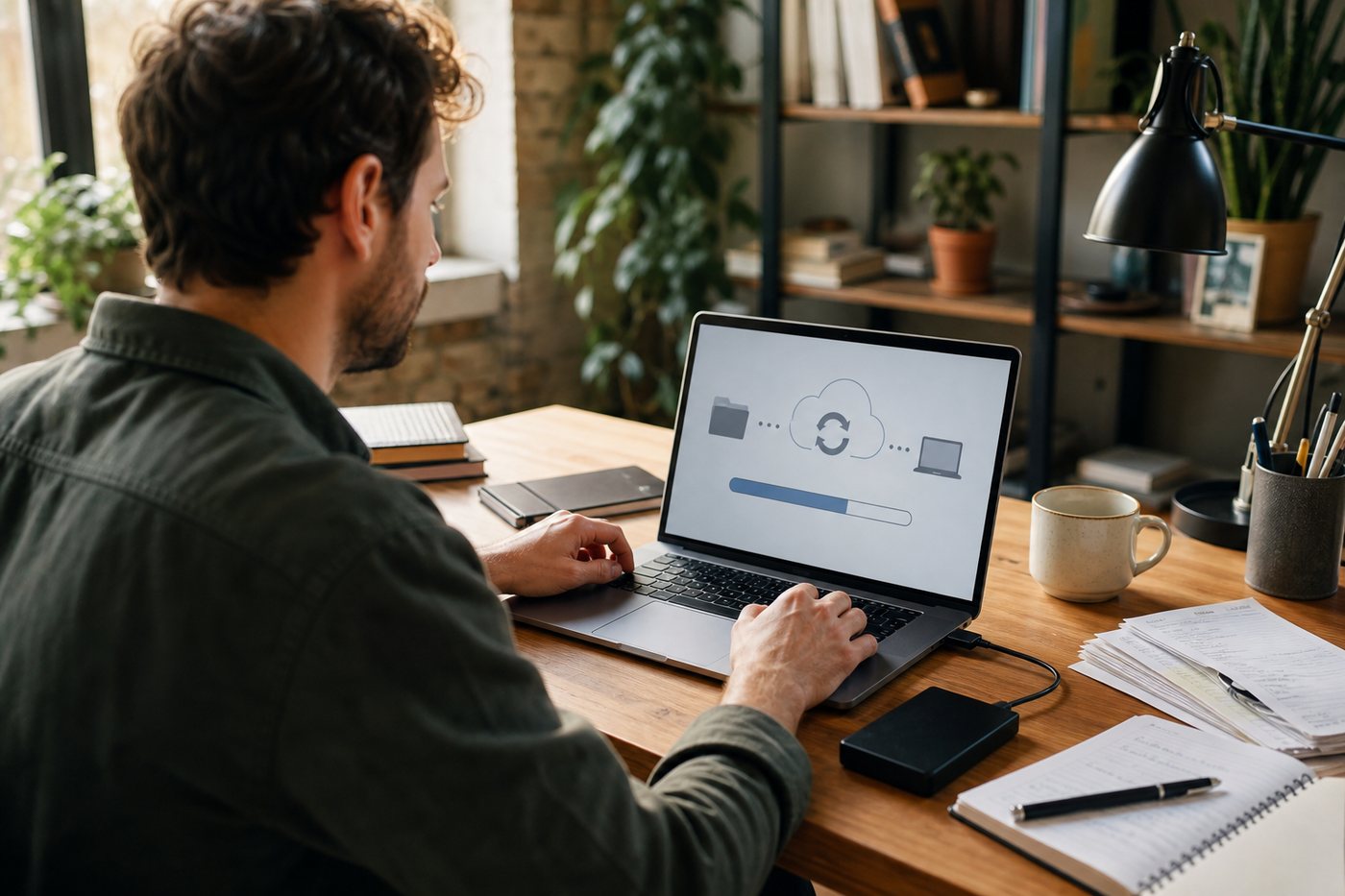 Home office laptop connected to an external drive with a simple cloud backup screen