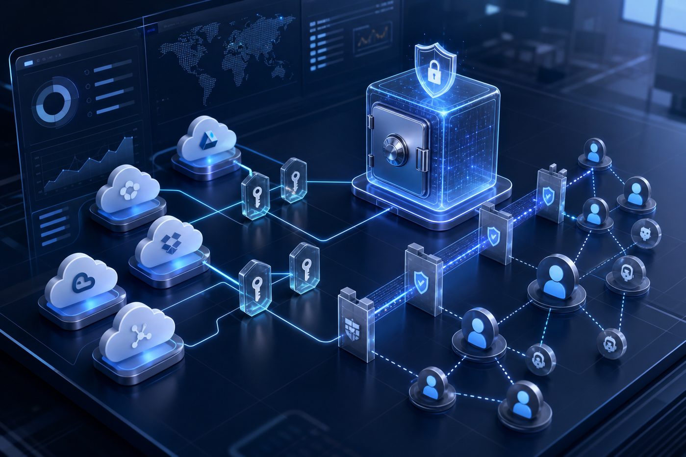 Cloud identity governance dashboard showing API tokens SaaS applications and secrets management
