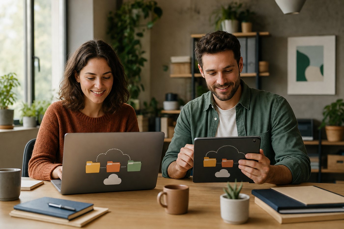 Two small office workers reviewing shared files on a laptop and tablet with simple cloud folder graphics