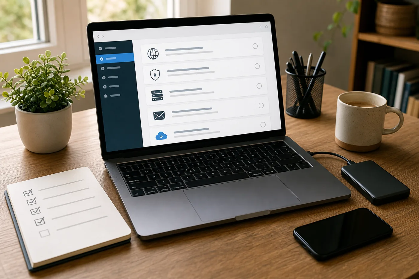 Home office desk with laptop checklist for domain SSL email and website backup planning