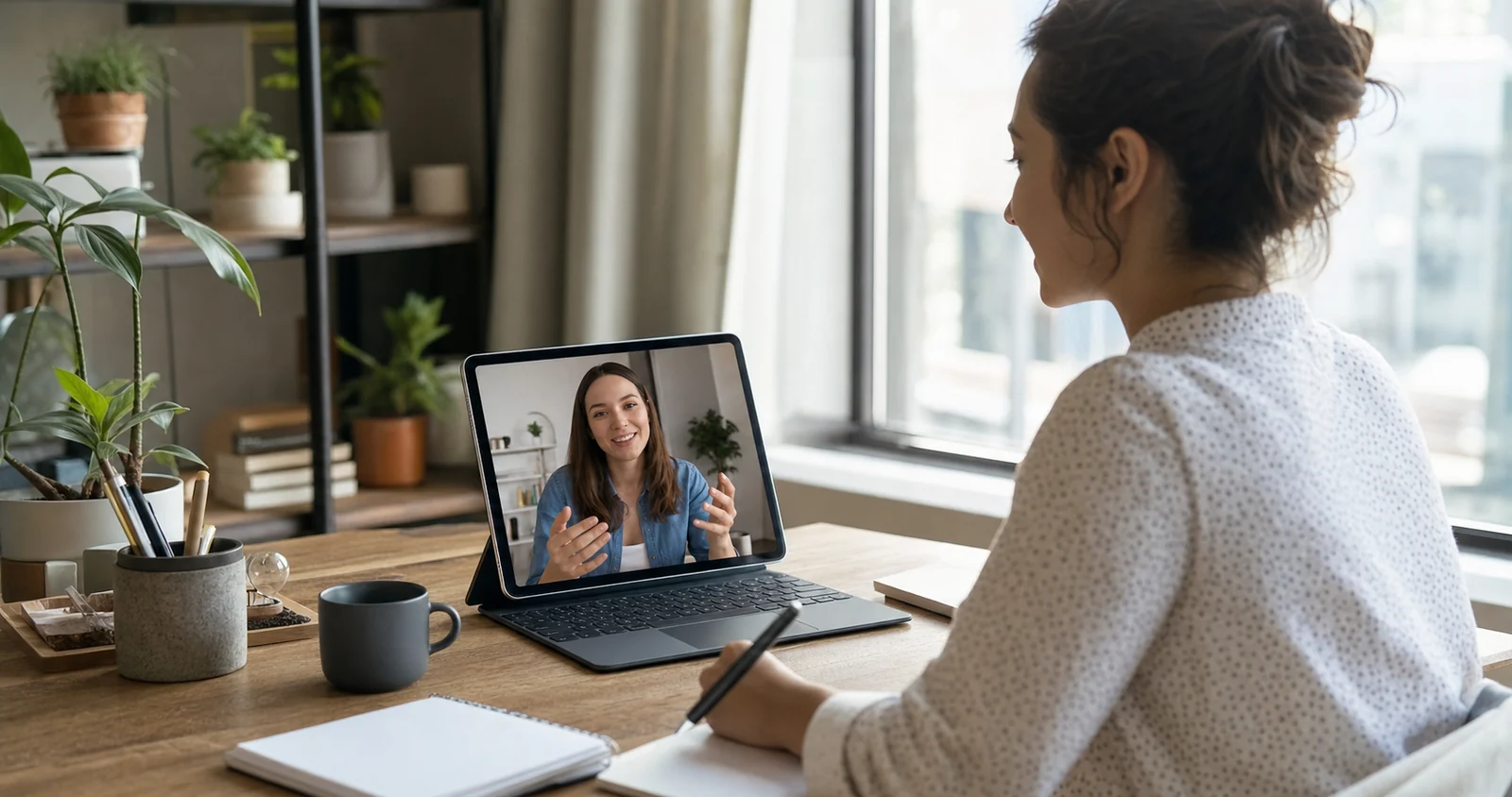 Small business owner speaking with an approachable technology specialist by video call