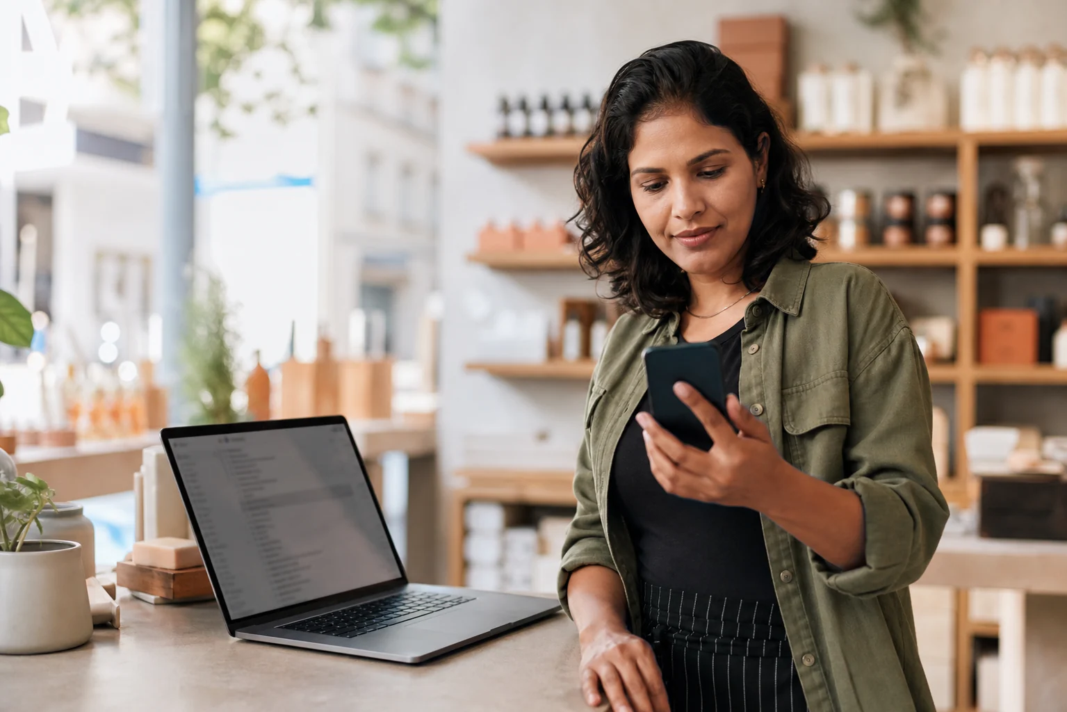 Small business owner checking a suspicious email and multi-factor authentication prompt