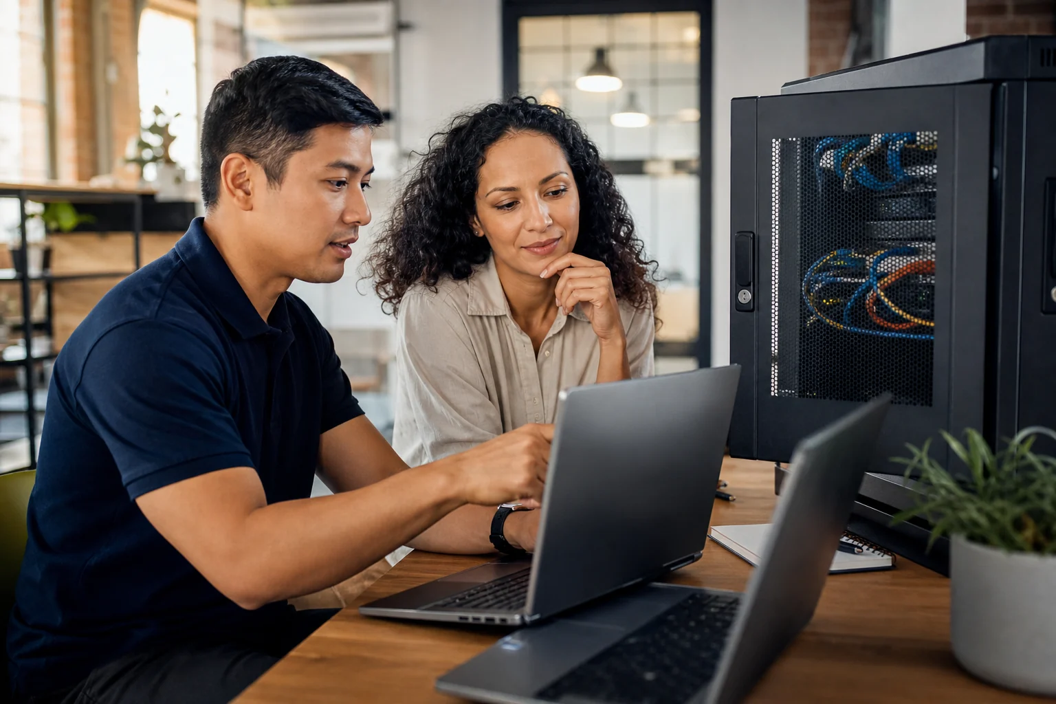 Small business owner and technician reviewing managed workplace systems
