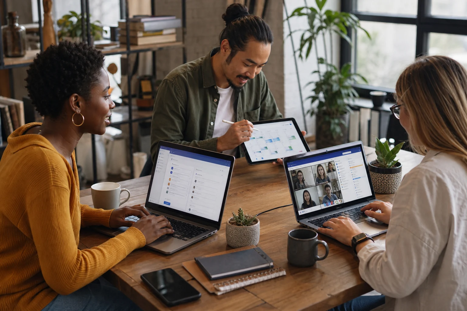 Small global team collaborating with business email, shared files, meetings, and task tools