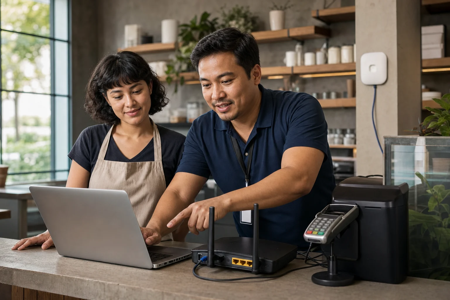 Shop owner and technician checking Wi-Fi, network equipment, and payment connectivity