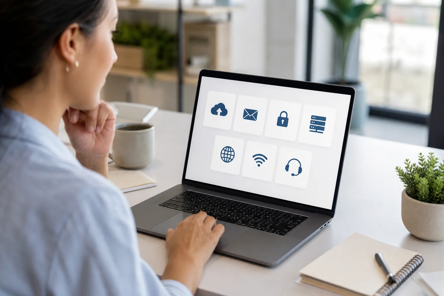 Small business owner comparing backup, email, website, network, and managed service options