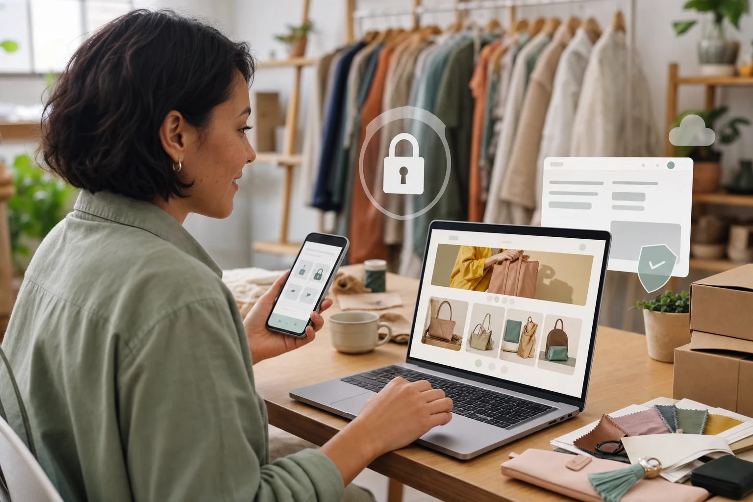 Online shop owner reviewing website, domain, hosting, and secure connection settings