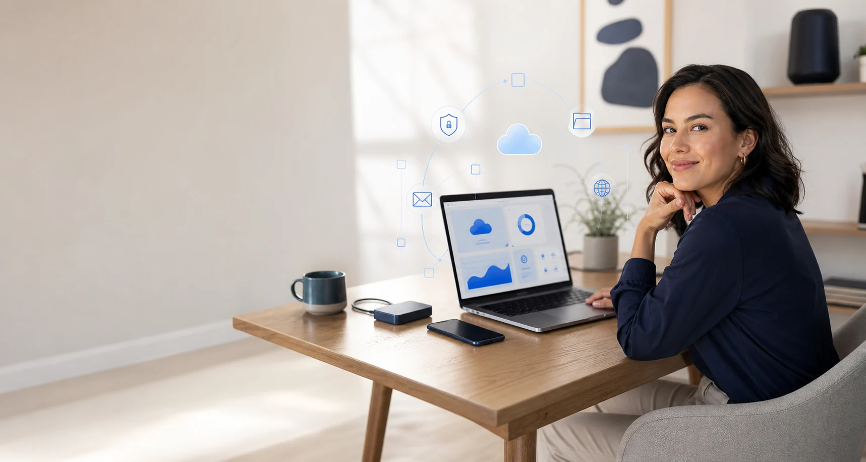 Small business owner choosing backup, email, website, and security products