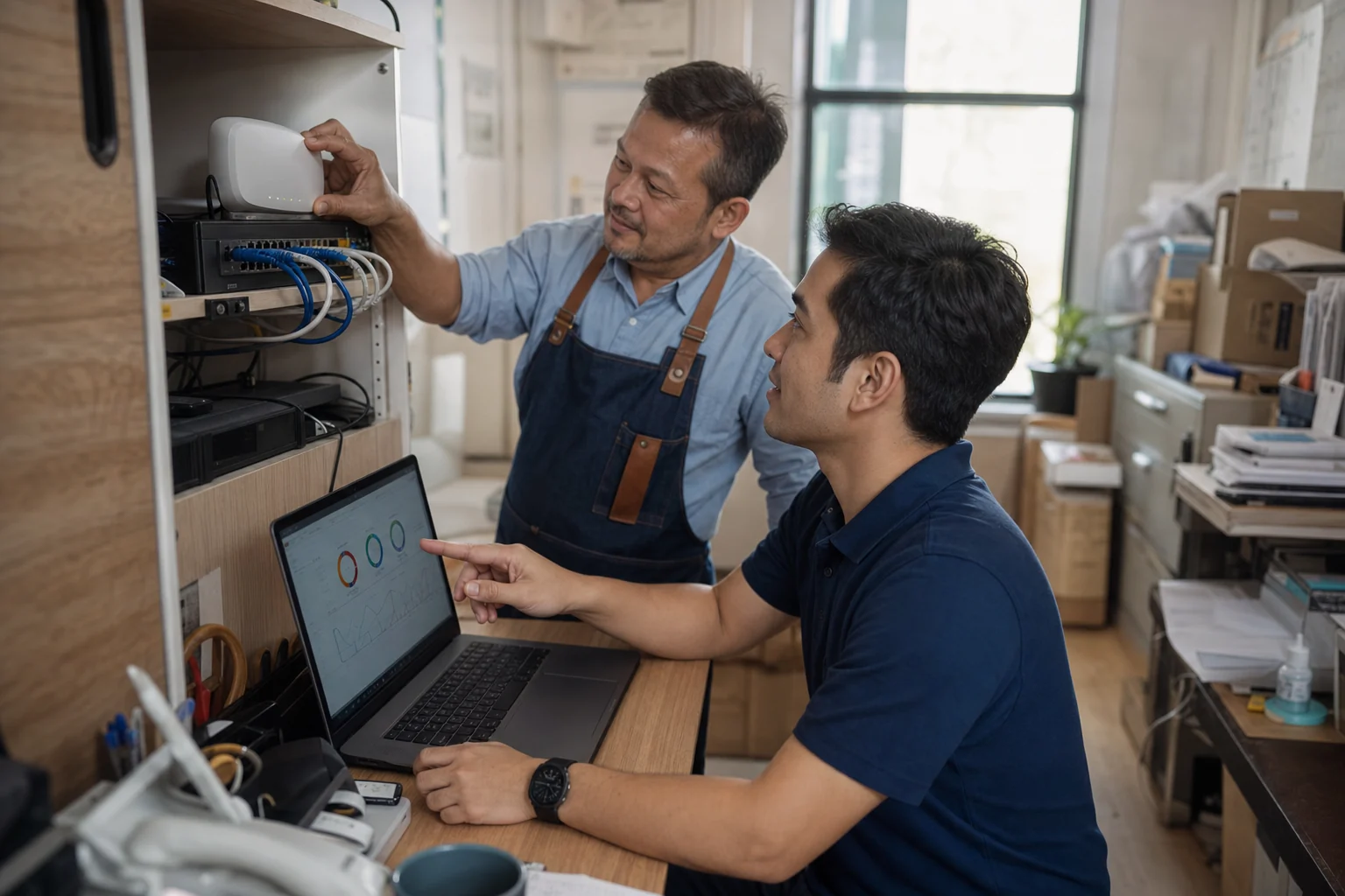 Technician and shop owner reviewing a managed network and site service