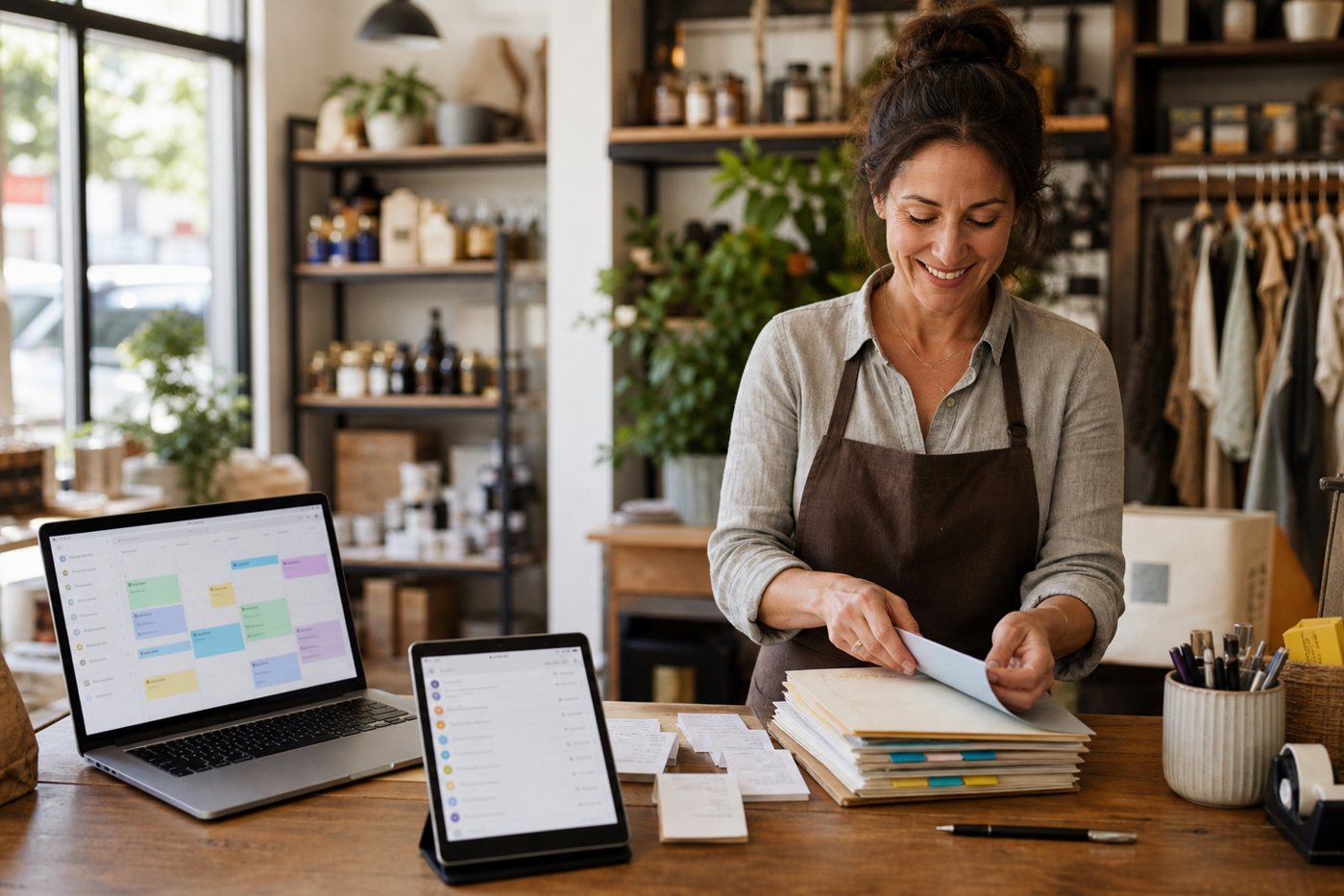 Small shop owner organizing paperwork beside a laptop and tablet with simple calendar and email screens