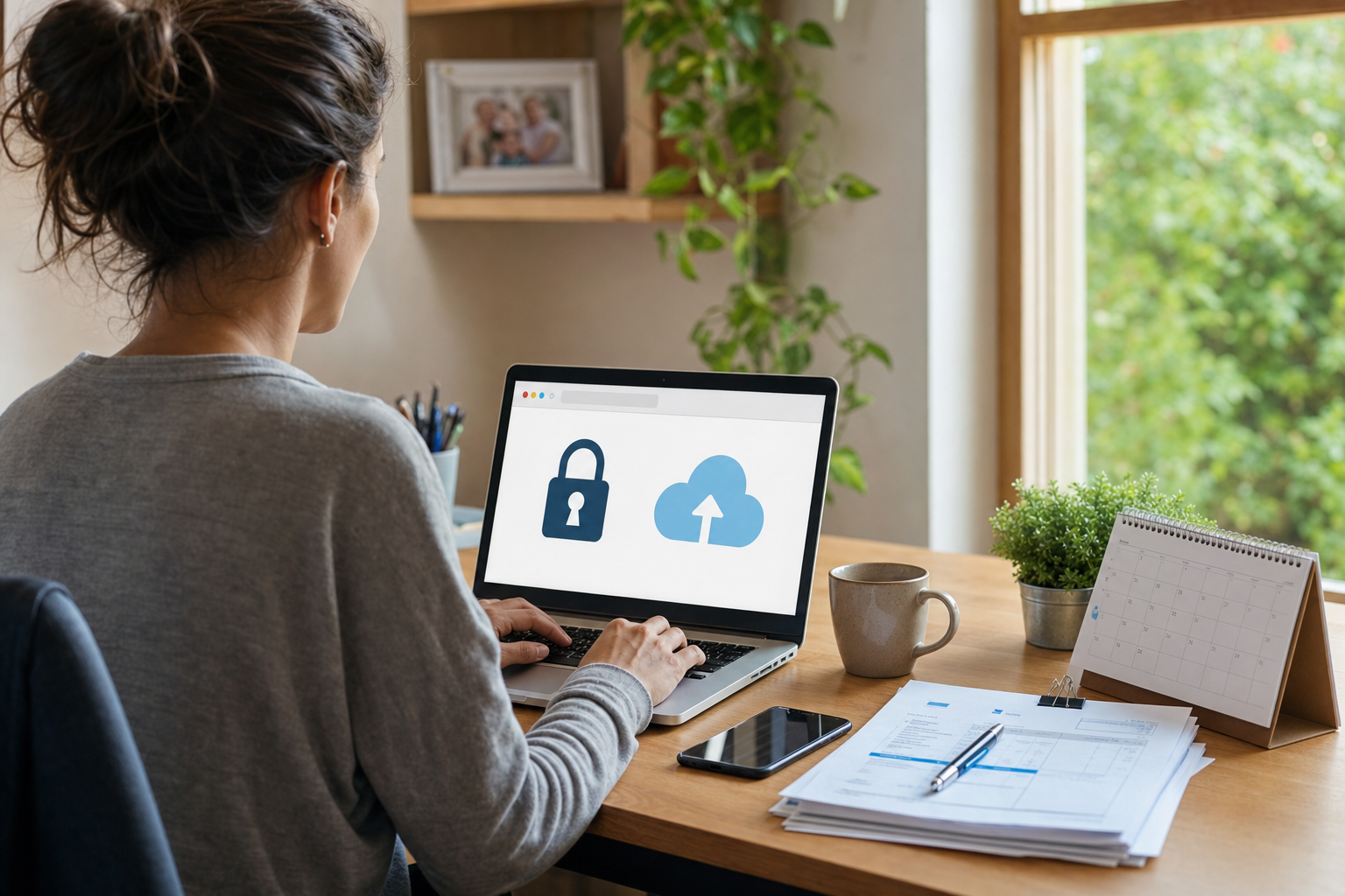 Home office desk with website, SSL, invoices, and cloud backup planning