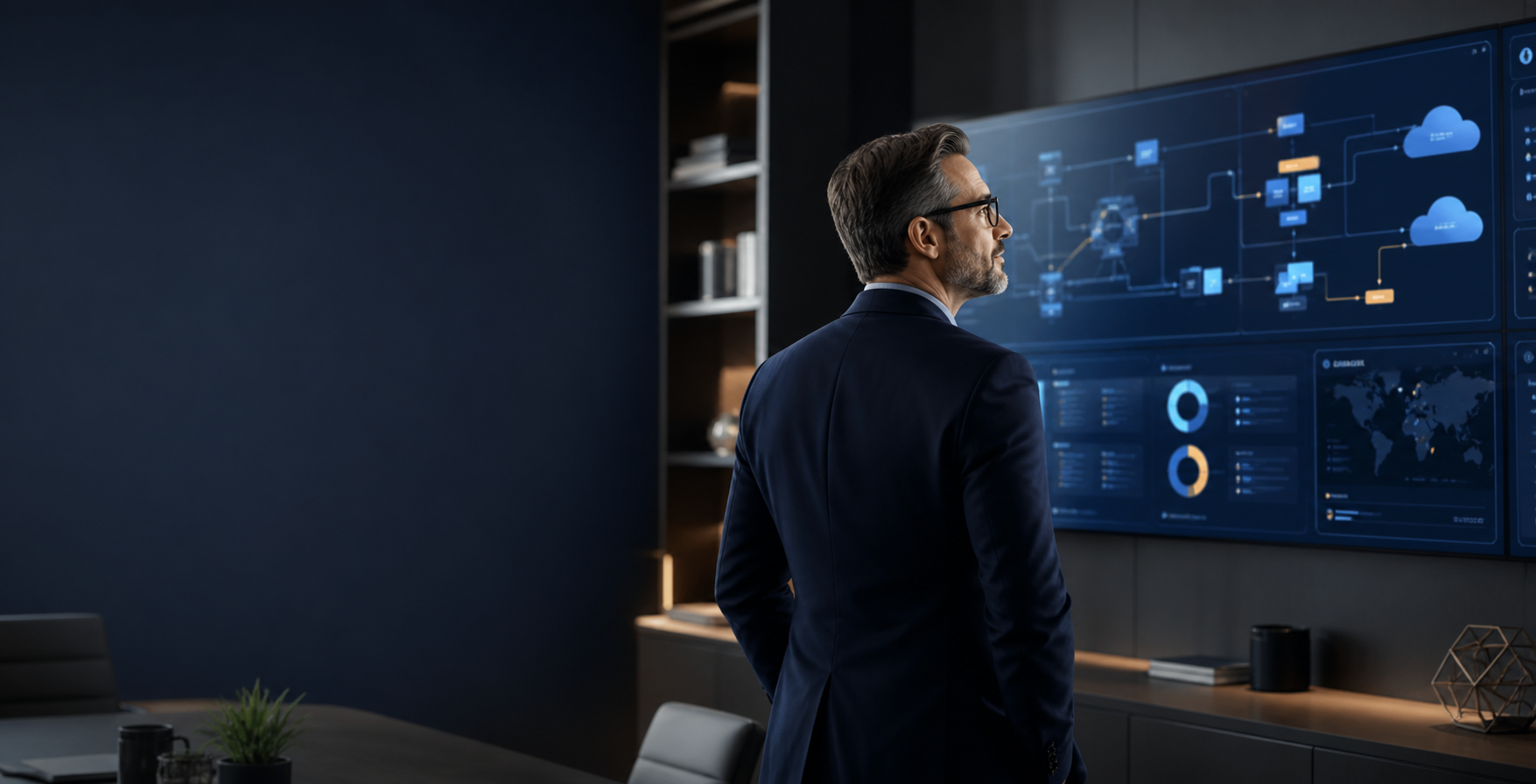 Operations manager reviewing a technology operations dashboard in a modern office
