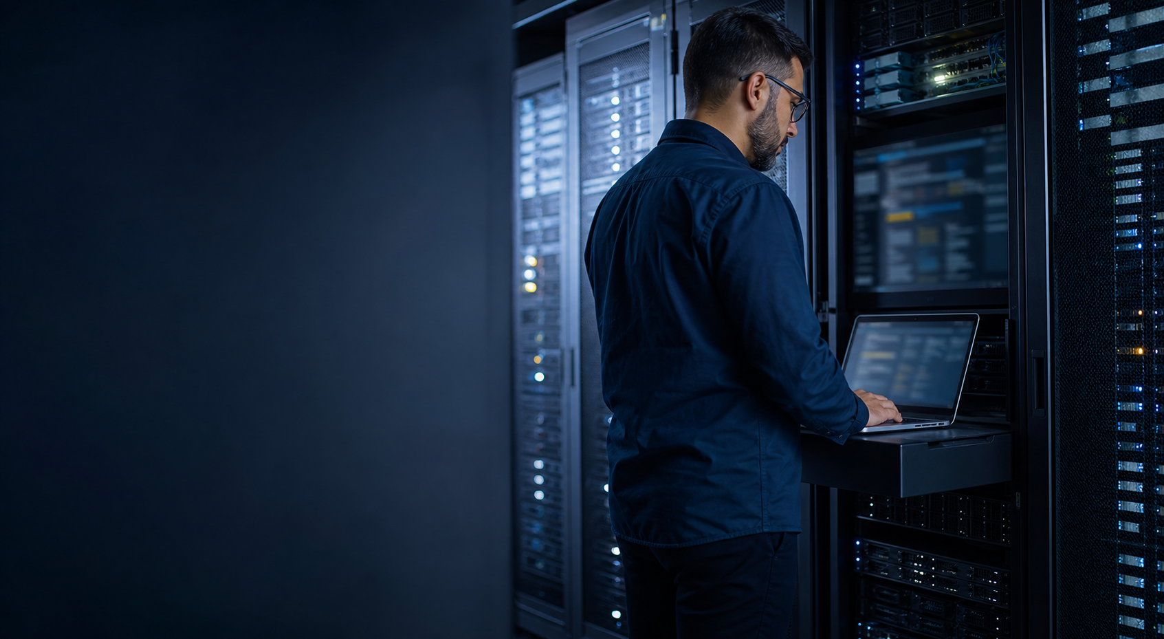 IT infrastructure professional reviewing secure offsite backup operations in a data centre