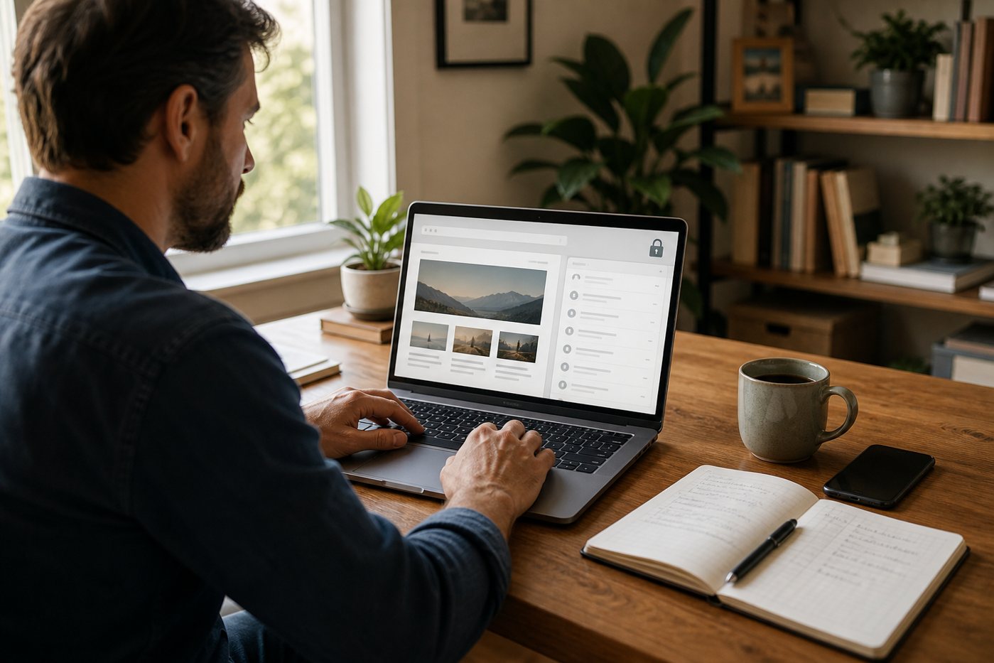 Home office worker reviewing a website and email setup on a laptop