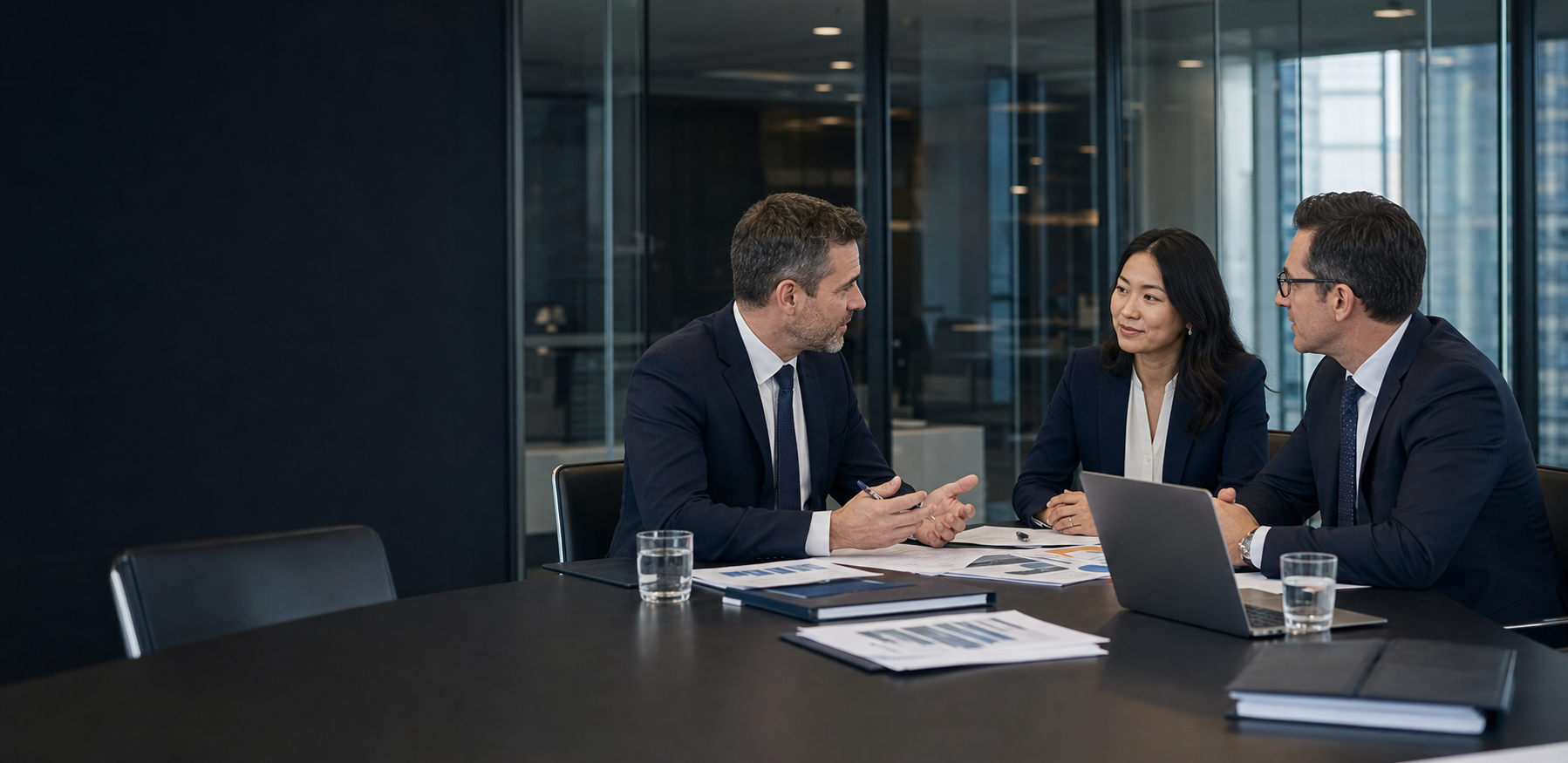 Relationship manager meeting brokerage operations leaders in a financial office