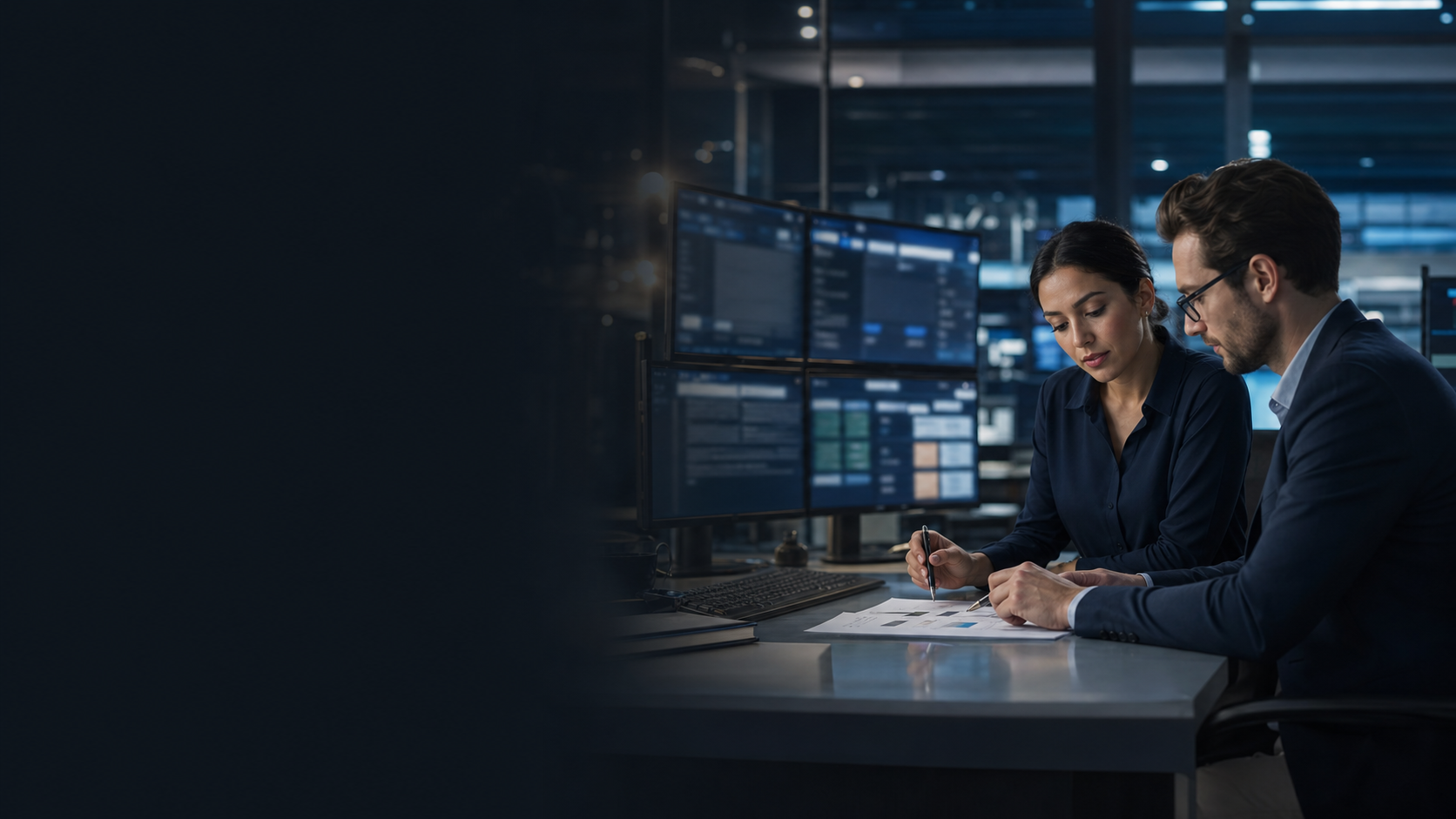 Trading operations analysts reviewing brokerage platform workflows