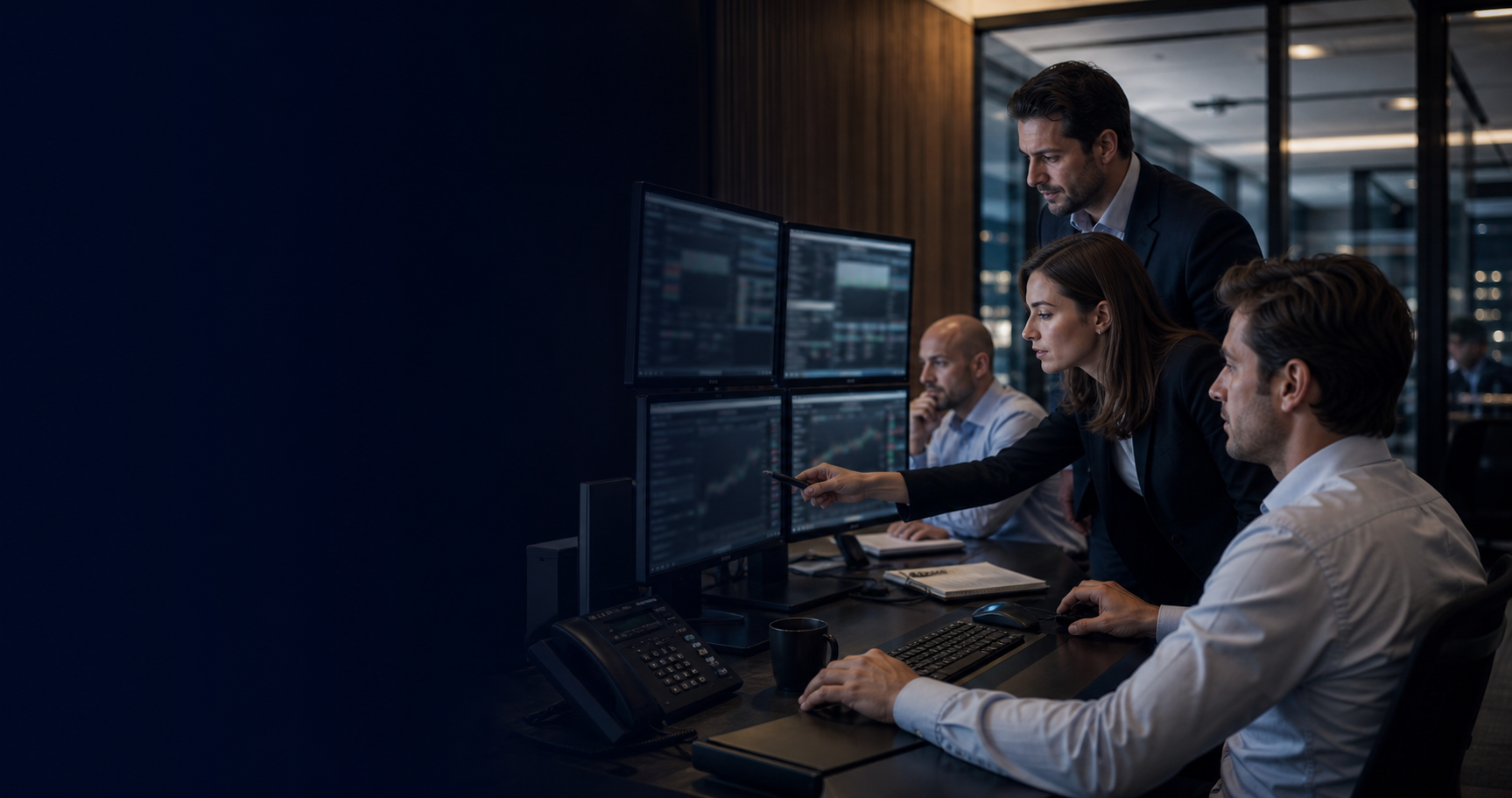 Brokerage operations team reviewing trading workflows in a financial office