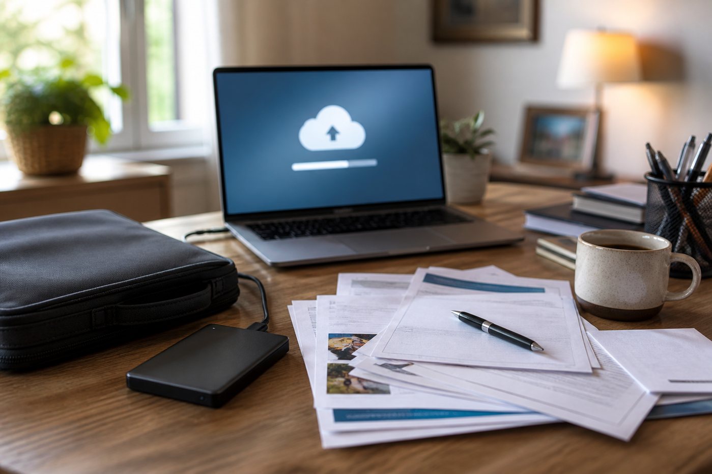 Home office desk with laptop, documents, and an external drive prepared for file backup