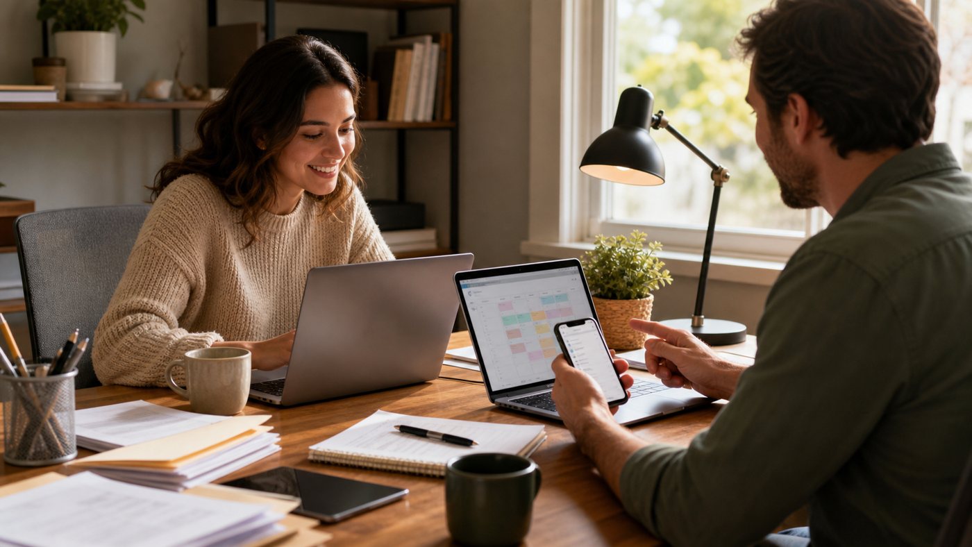 Small office team reviewing Microsoft 365 calendars email and shared folders together