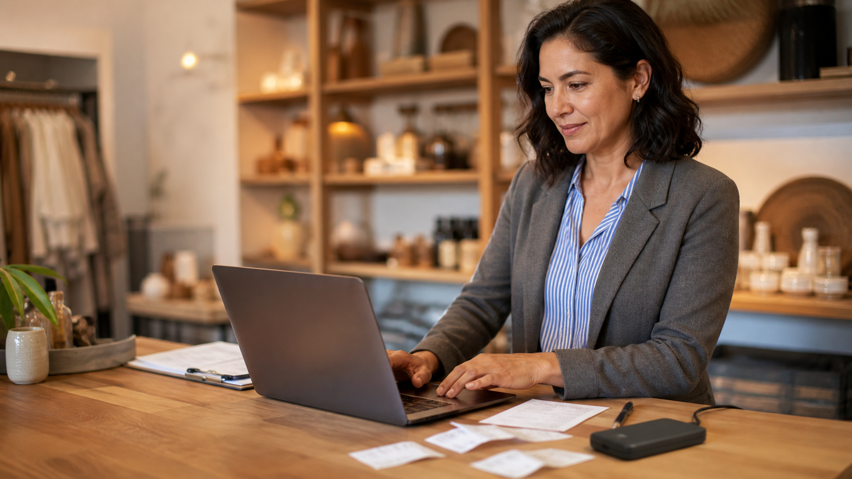 Small business owner protecting important business records after a busy day