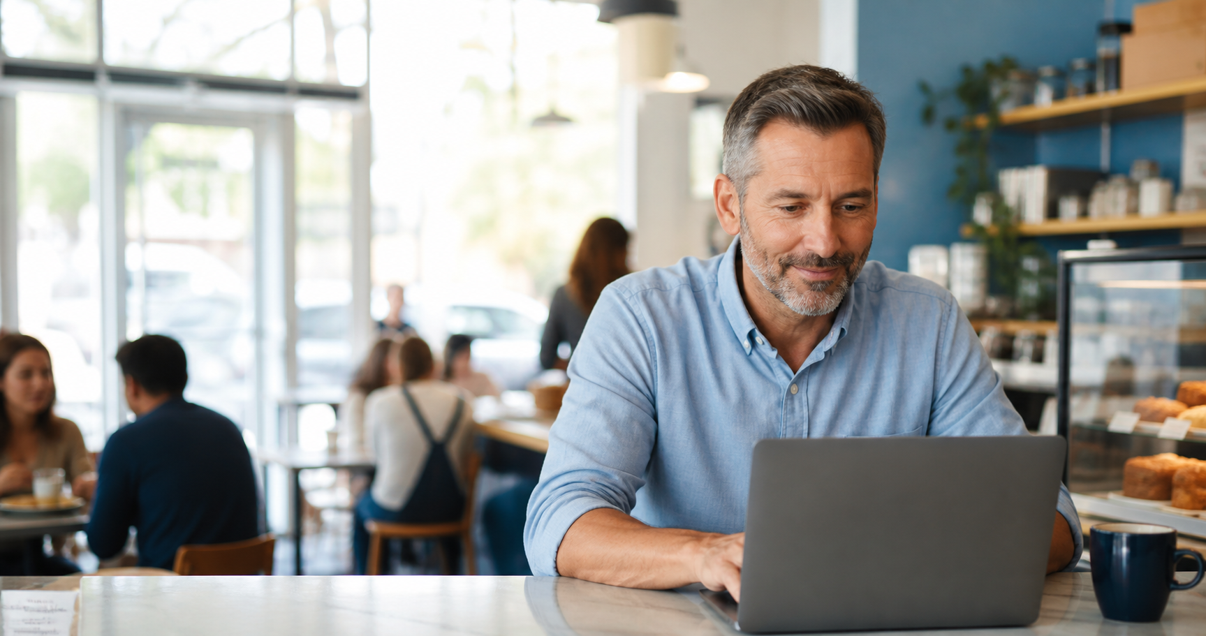 Small business owner checking email and website tasks while serving customers