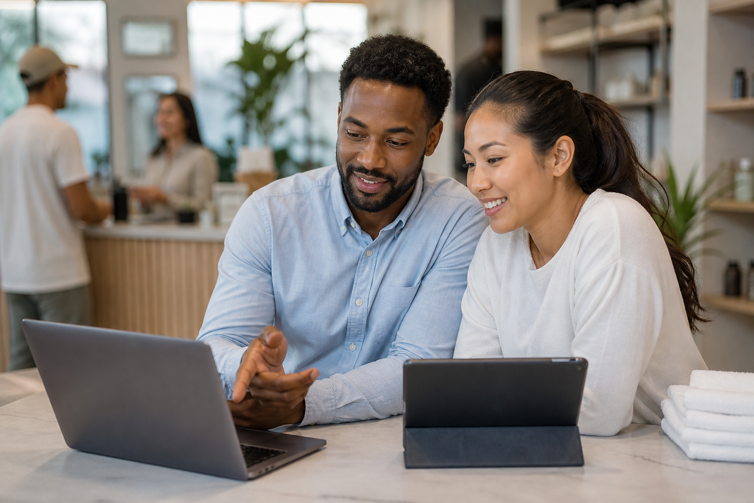 Small business colleagues reviewing their online presence together