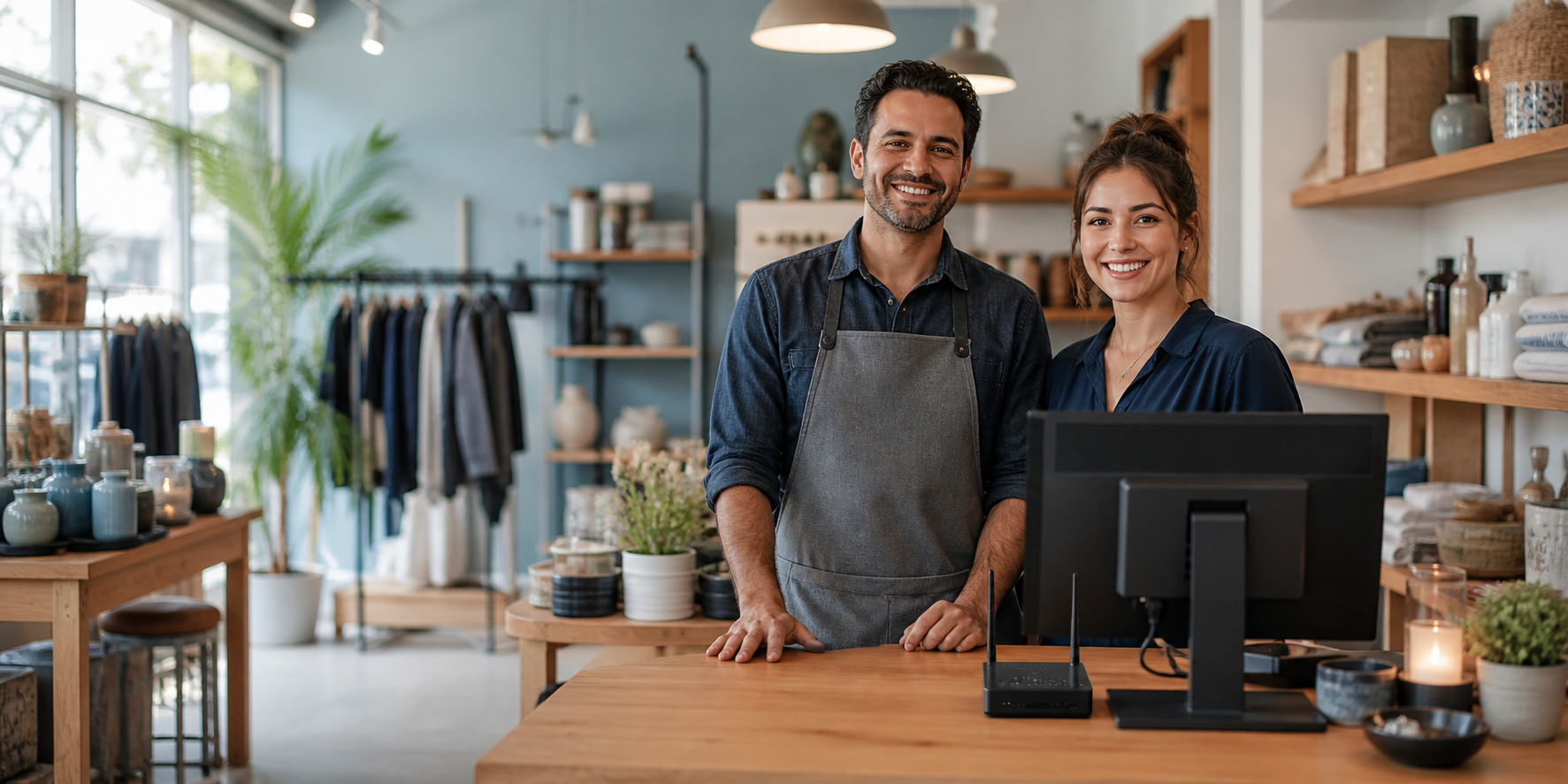 Small business shop team keeping customer service moving with managed firewall help