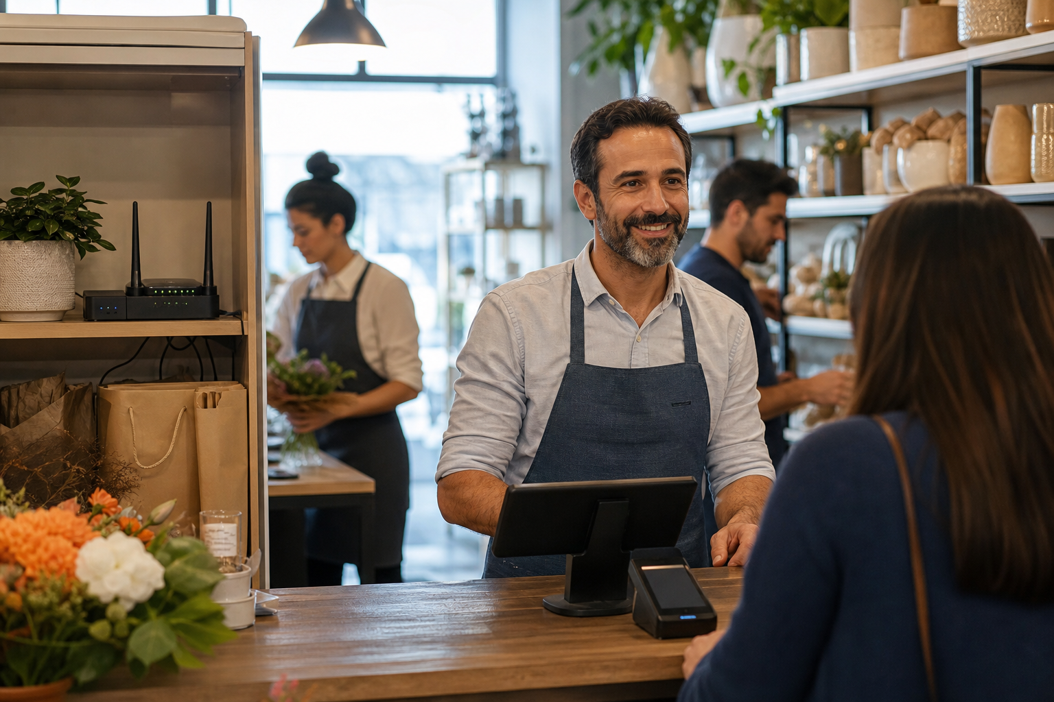 Independent retailer serving a customer during a busy day with business Wi-Fi equipment nearby