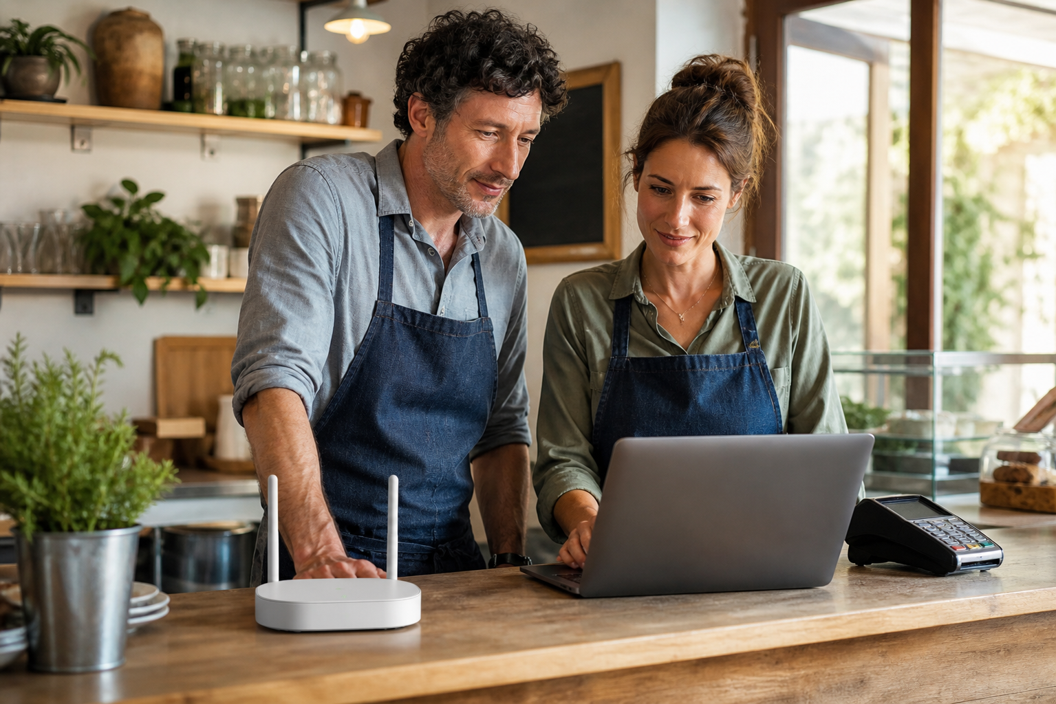 Small business owners reviewing their Wi-Fi, payment, and network setup